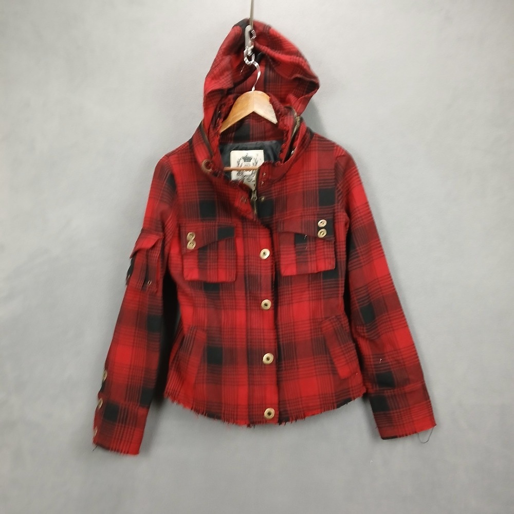 BB Dakota Jacket Womens Medium Red Back Plaid Hooded Snap Front‎ Raw Hem Winter